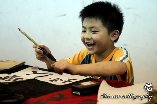 The little eight year-old boy enjoying writing