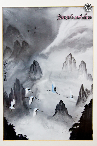 Cranes across the mountains - painting by Jamie