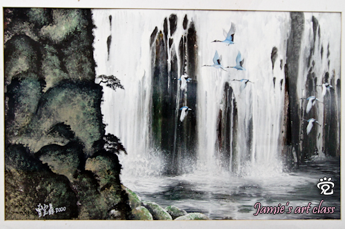 Cranes across the waterfall - painting by Jamie