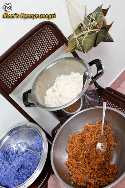 basic components of Nyonya zongzi: white glutinous rice, blue glutinous rice, and seasoned pork