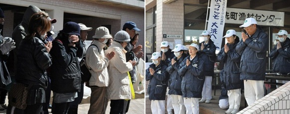 The residents and volunteers pray together. (Photo by Chen Wei-chun; date: 03/16/2011; location: Oarai, Ibaraki prefecture, Japan) 