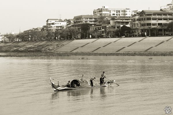central riverfront area of Phnom Penh, view from the Mekong River's cruise