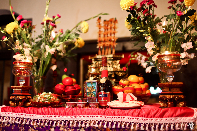complex table setting of offerings