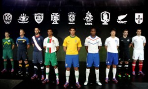 International players from each of the nine nations, sponsored by Nike, all wearing the 100% recycled shirts, pose at an event at Battersea power station in London this week. Illustration: Paul Gilham