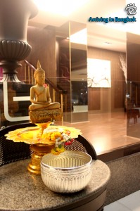 Statue of Buddha was placed at the entrance of our hotel during Thai New Year. We could bathe the Buddha as a respect.