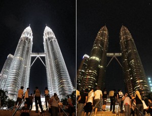 Two photos show Malaysia's landmark Petronas Twin Towers before, left, and after being turned off its lights to mark Earth Hour in Kuala Lumpur, Malaysia. (image from www.syracuse.com)